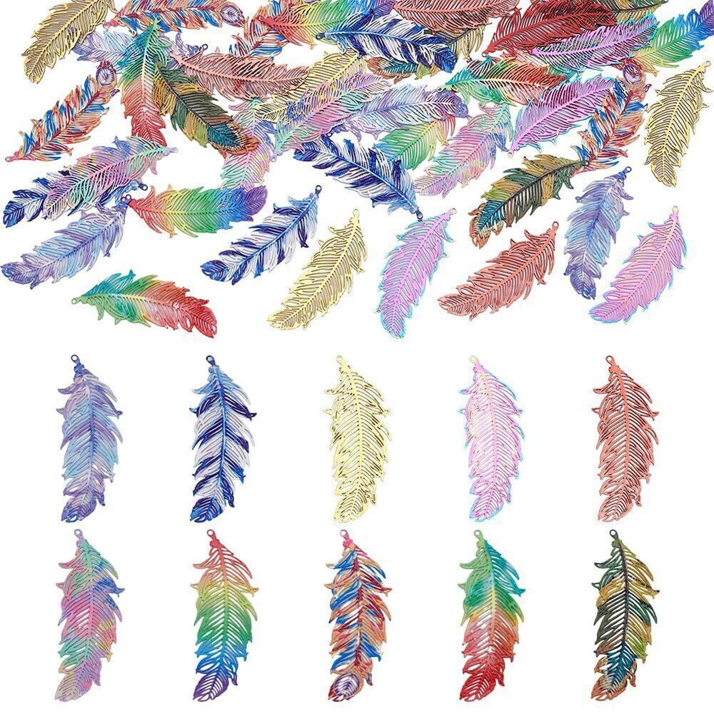 7818 40Pcs 10 Colors Filigree Feather Charms Stainless Steel Etched